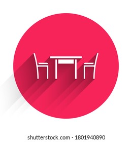 White Wooden table with chair icon isolated with long shadow. Red circle button. Vector Illustration