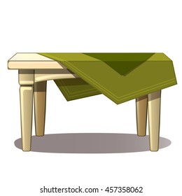 White wooden table with green tablecloth isolated on a white background. Vector illustration.