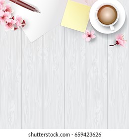 White wooden table from top view with copy space. White painted table top decorated with cherry blossoms branch, flowers, pen, coffee cup, paper and memo pad. Vector illustration for relax time.