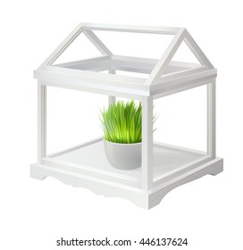 white wooden tabletop mini greenhouse with plant in white pot