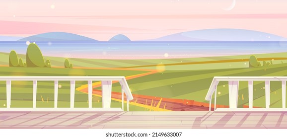 White wooden terrace and view to summer landscape with green fields and lake on horizon. Vector cartoon illustration of countryside with bushes, hill, river and house porch at early morning