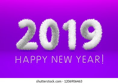 white wool 2019 Happy New Year. purple background. Vector illustration art