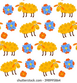  White wool knit seamless pattern. Vector illustration of sheep and flower a white background.