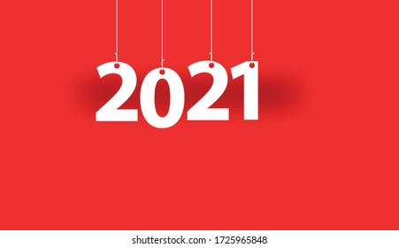 White Word 2021 - Word Hanging On The Ropes On Orange Background. Greeting Card Or Calendar Cover Design Template. Cover Of Business Diary For 2021 With Wishes.