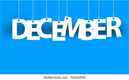 White word DECEMBER - word hanging on the ropes on blue background. New year illustration. 3d illustration