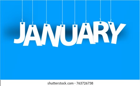 White word JANUARY - word hanging on the ropes on blue background. New year illustration. 3d illustration