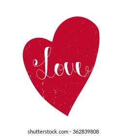  White word Love on a red heart. Vector hand drawn illustration