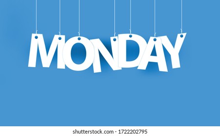 White word MONDAY - word hanging on the ropes on blue background.  3d illustration