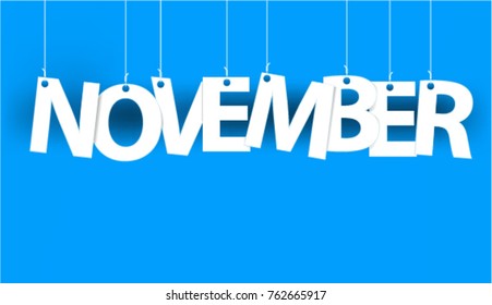 White word NOVEMBER - word hanging on the ropes on blue background. New year illustration. 3d illustration