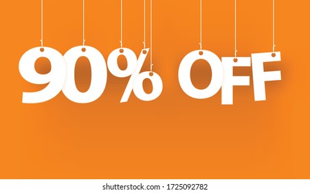 White words 90% OFF- word hanging on the ropes on orange background.  3d vector illustration.