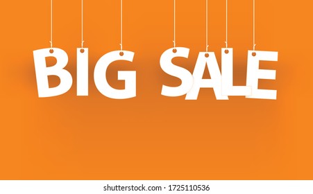 White words BIG SALE - word hanging on the ropes on orange background.  3d vector illustration.