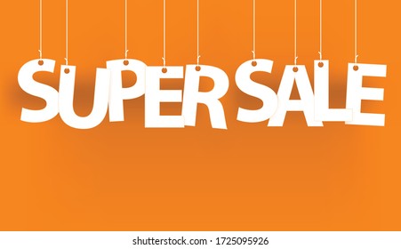 White words SUPER SALE - word hanging on the ropes on orange background.  3d vector illustration.