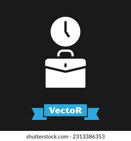 Icono de tiempo de trabajo blanco aislado en fondo negro. Trabajador de oficina. Horas de trabajo. Maletín de negocios.  Vector