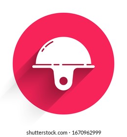 White Worker safety helmet icon isolated with long shadow. Red circle button. Vector Illustration