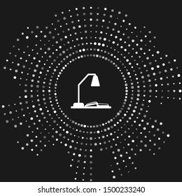 White Workplace with table lamp and open book icon isolated on grey background. Table office lamp. Abstract circle random dots. Vector Illustration White Workplace with table lamp and open book icon isolated on grey background. Table office lamp. Abstract circle random dots. Vector Illustration