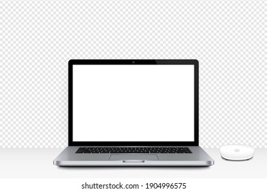 White workspace with laptop computer and wireless mouse, office at home or studio. Education at home by PC. computer notebook mock up. Stylish workplace. Creative design space. realistic mock up.