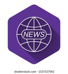 White World and global news concept icon isolated with long shadow. World globe symbol. News sign icon. Journalism theme, live news. Purple hexagon button. Vector Illustration