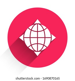 White World globe with compass icon isolated with long shadow. Red circle button. Vector Illustration