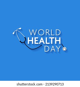 White World Health Day Font With Stethoscope On Blue Background.