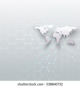 White world map, connecting lines and dots on gray color background. Chemistry pattern, hexagonal molecule structure, scientific research. Medicine, science concept. Abstract design vector decoration