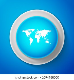 White World map icon isolated on blue background. Circle blue button with white line. Vector Illustration