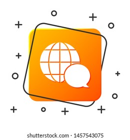 White World map made from speech bubble icon isolated on white background. Global communication scheme on Earth. Orange square button. Vector Illustration