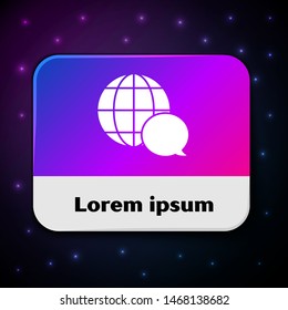 White World map made from speech bubble icon isolated on black background. Global communication scheme on Earth. Rectangle color button. Vector Illustration