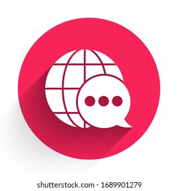 White World map made from speech bubble icon isolated with long shadow. Global communication scheme on Earth. Red circle button. Vector Illustration