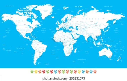 White World Map and navigation icons - illustration Highly detailed world map: countries, cities, water objects 