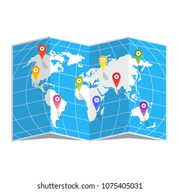 White world map on a blue background. Color location pin. Flat vector cartoon illustration.