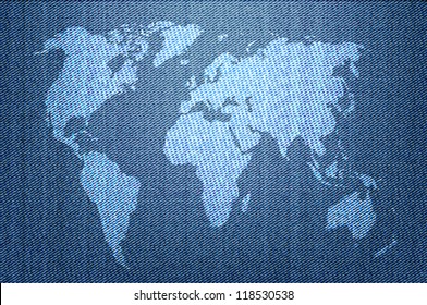 White world map on blue jeans background. Concept of jeans world. Vector illustration