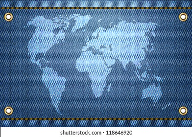 White world map on blue jeans background. Concept of jeans world. Vector illustration