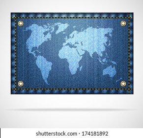 White world map on blue jeans background. Concept of denim world. Vector illustration