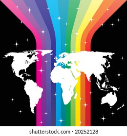 White world map on colorful rainbow background with stars in vector
