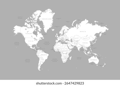 White world map on grey background. High detail political map with country names. Vector Illustration.