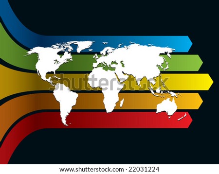 White world map on a rainbow background, conceptual business illustration. The base map is from Central Intelligence Agency Web site.