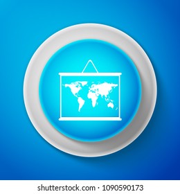 White World map on a school blackboard icon isolated on blue background. Drawing of map on chalkboard. Circle blue button with white line. Vector Illustration