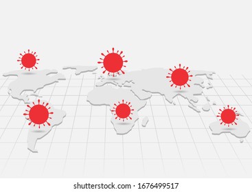 Weiße Weltkarte mit Schildern aus rotem Koronavirus. Ausbruch von Coronavirus Covid-19,