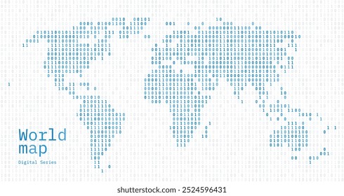 Mapa do mundo branco mostrado no padrão de código binário. Números da Matriz Verde, zero, um.	