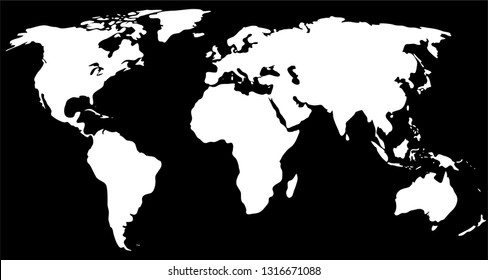 white world map silhouette on the black background