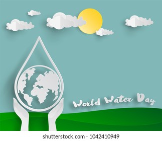 White World Water in zwei Hand in Paper Cutting Style für das Weltwassertagskonzept