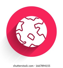 Icono de White Worldwide aislado con una gran sombra. Pin en el globo. Botón de círculo rojo. Ilustración vectorial