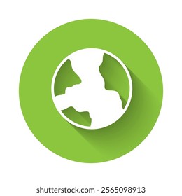 White Worldwide icon isolated with long shadow background. Pin on globe. Green circle button. Vector