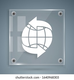 White Worldwide icon isolated on grey background. Pin on globe. Square glass panels. Vector Illustration