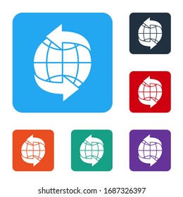 White Worldwide icon isolated on white background. Pin on globe. Set icons in color square buttons. Vector Illustration