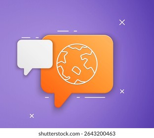 White Worldwide icon isolated on purple background. Pin on globe. Orange speech bubble symbol. Vector