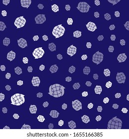 White Worldwide icon isolated seamless pattern on blue background. Pin on globe.  Vector Illustration