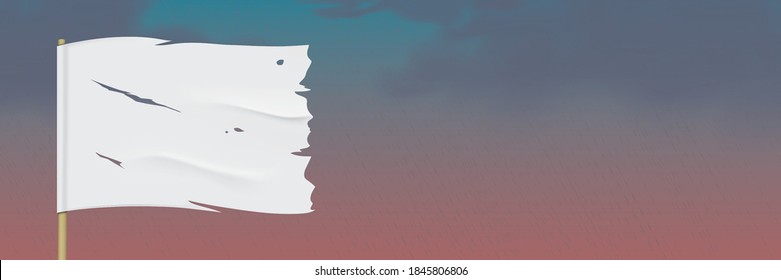 White worn flag, waving on a dark rainy sky background. Torn flag with blank space for image or text placement. Waving vector flag hanging on a wooden pole. Horizontal banner with surrendering flag.