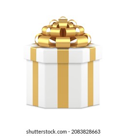 Weißer Geschenkbox mit goldenem Bugband und 3D-Vektorgrafik. Realistisch eleganter klassischer Geschenkverpackungsbehälter mit erwünschter Überraschung im Inneren