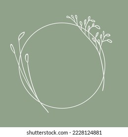 White Wreath line art on green background. Floral circle frame. Wedding leaves wreath 